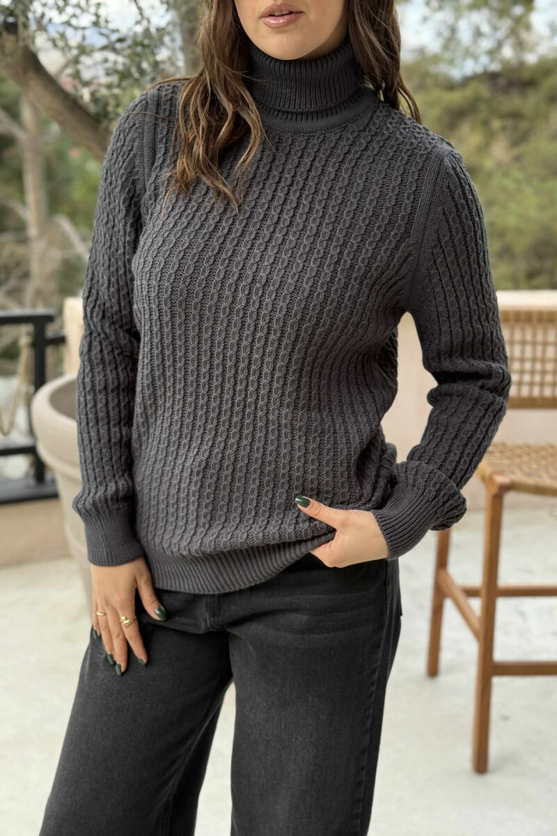 HIGH NECK SIMPLE ONE COLOR WOMEN SWEATER DARK GREY/GEE - 3