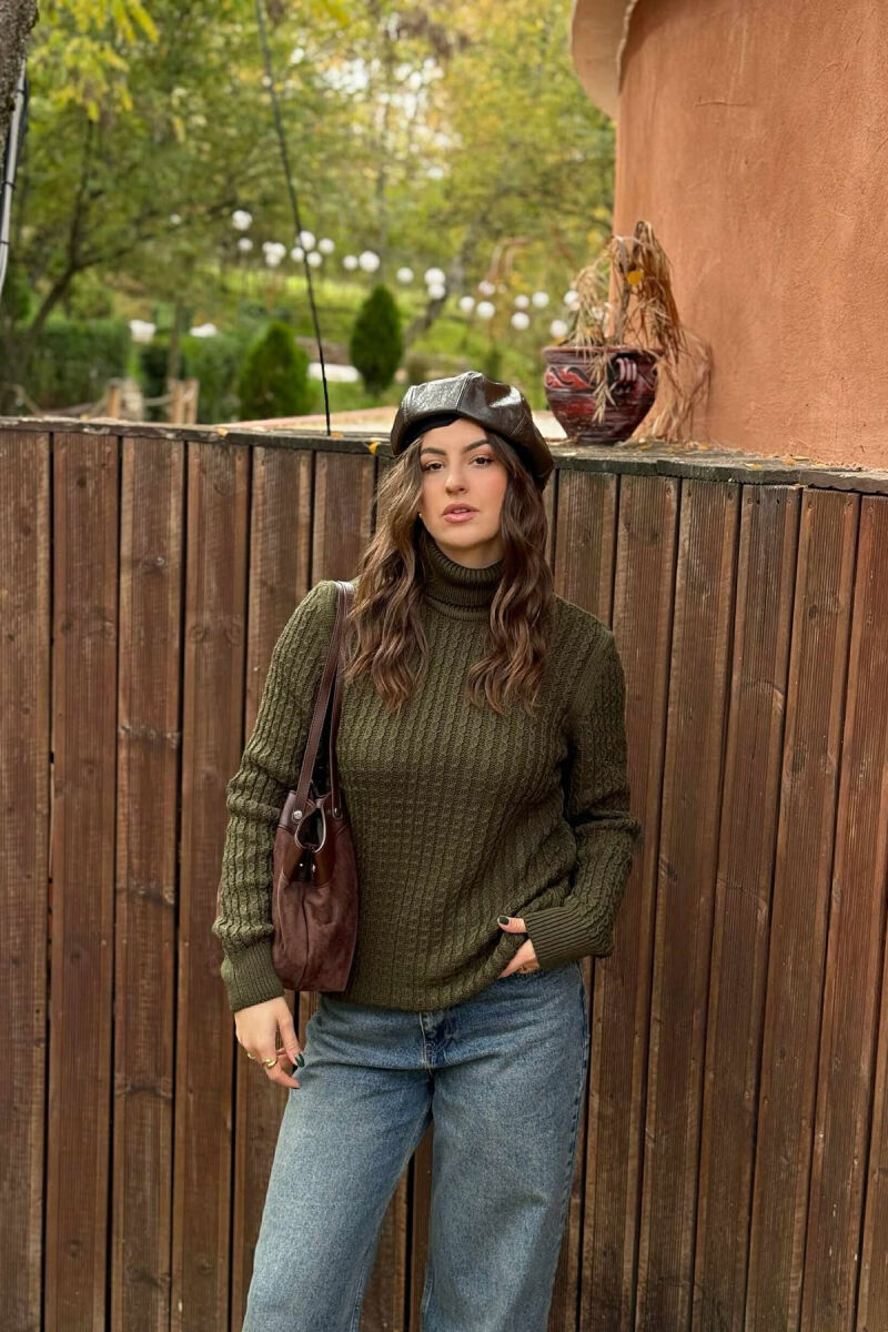 HIGH NECK SIMPLE ONE COLOR WOMEN SWEATER GREEN/JESHILE - 1