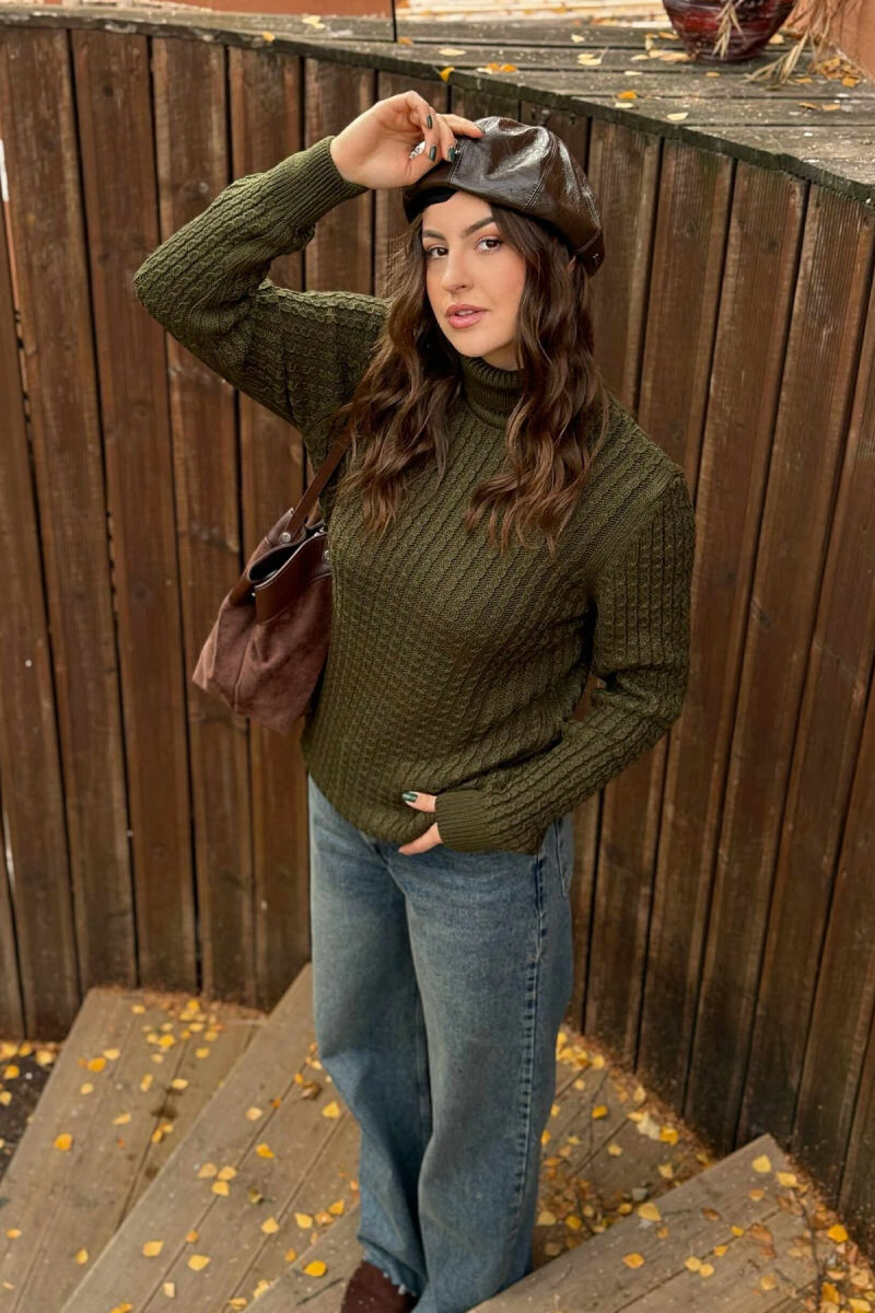 HIGH NECK SIMPLE ONE COLOR WOMEN SWEATER GREEN/JESHILE - 2