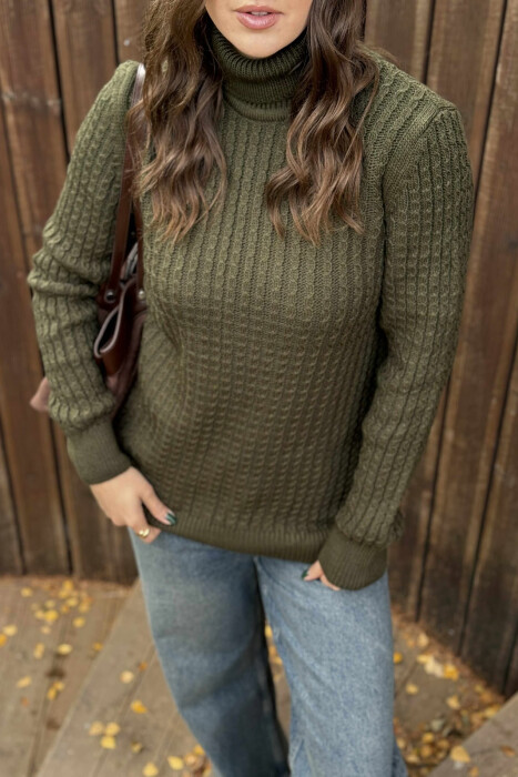 HIGH NECK SIMPLE ONE COLOR WOMEN SWEATER GREEN/JESHILE - 3