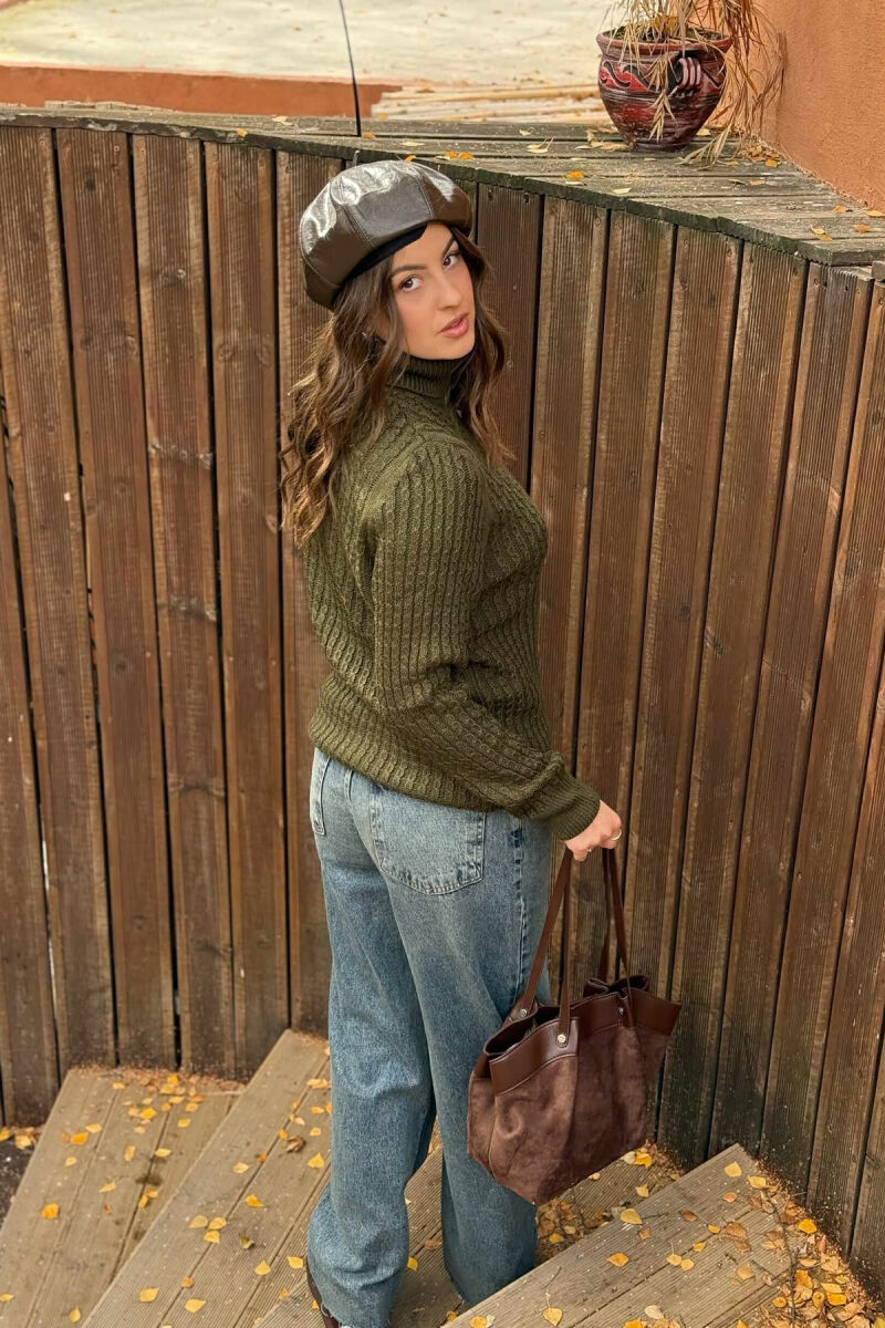 HIGH NECK SIMPLE ONE COLOR WOMEN SWEATER GREEN/JESHILE - 5