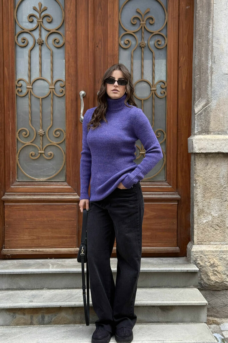 HIGH NECK SIMPLE ONE COLOR WOMEN SWEATER LIGHT PURPLE/LEZB - 1