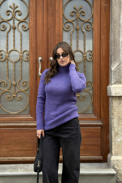 HIGH NECK SIMPLE ONE COLOR WOMEN SWEATER LIGHT PURPLE/LEZB - 3
