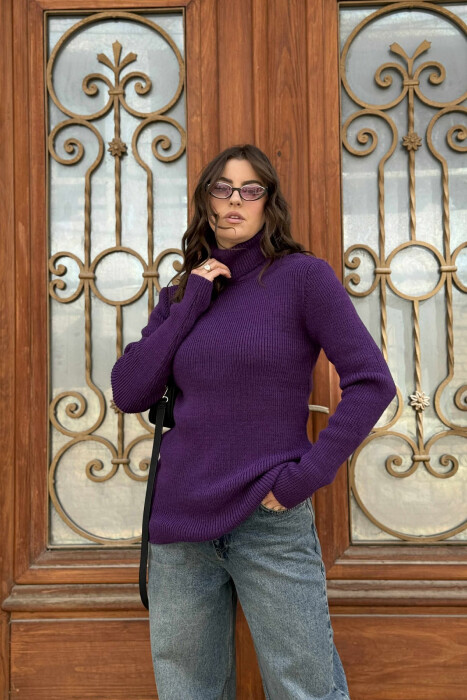 HIGH NECK SIMPLE ONE COLOR WOMEN SWEATER PURPLE/LEJLA - 2