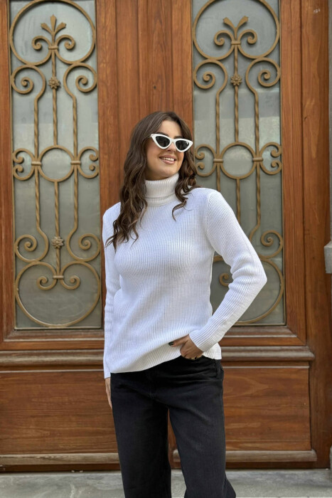 HIGH NECK SIMPLE ONE COLOR WOMEN SWEATER WHITE-E BARDHE - 3