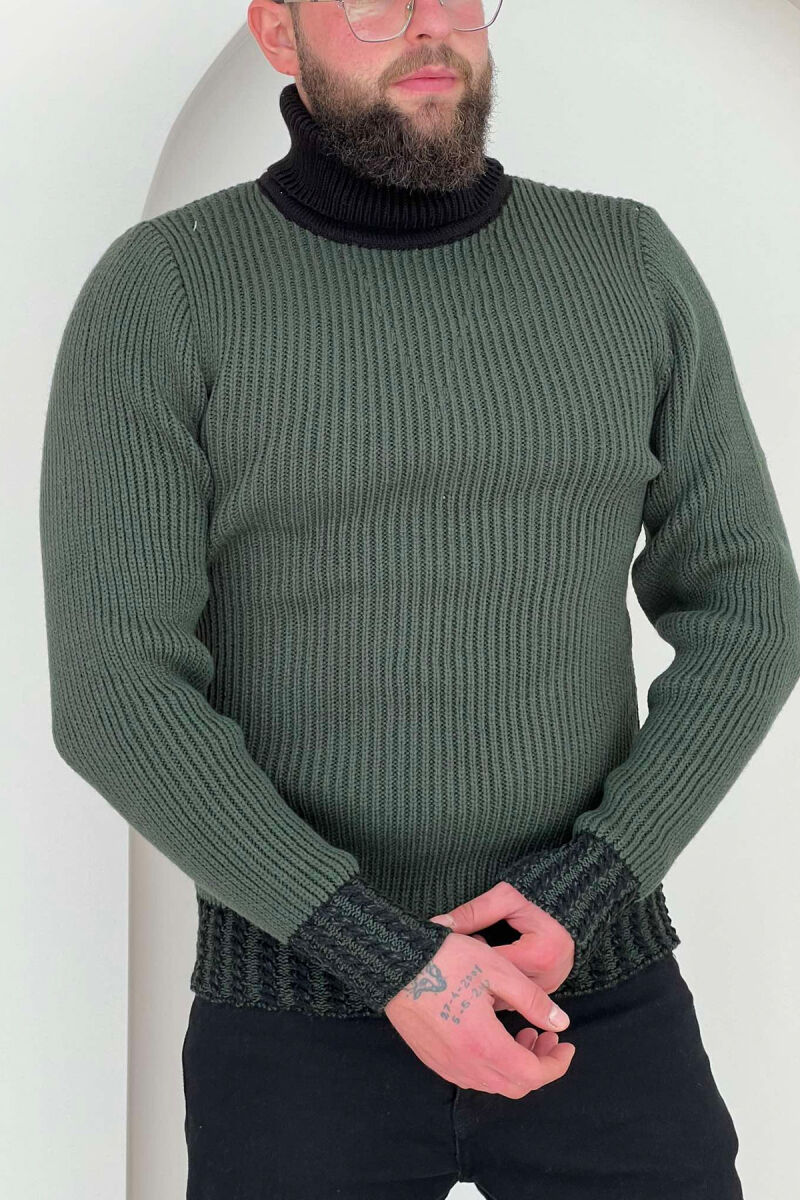 HIGH NECK SIMPLE TWO COLOR MEN SWEATER GREEN/JESHILE - 1