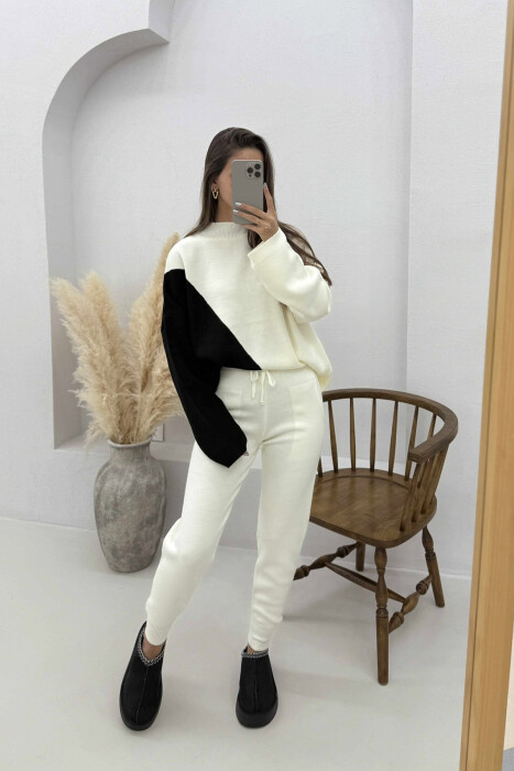 SEMI NECK SWEATER+TROUSERS KNIT WOMEN SET BLACK-WHITE/ZEBA 