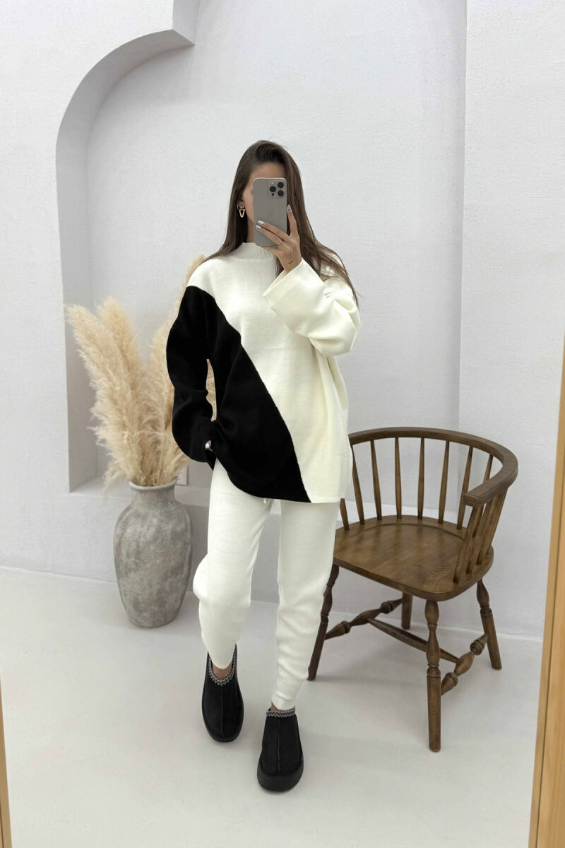 SEMI NECK SWEATER+TROUSERS KNIT WOMEN SET BLACK-WHITE/ZEBA - 3