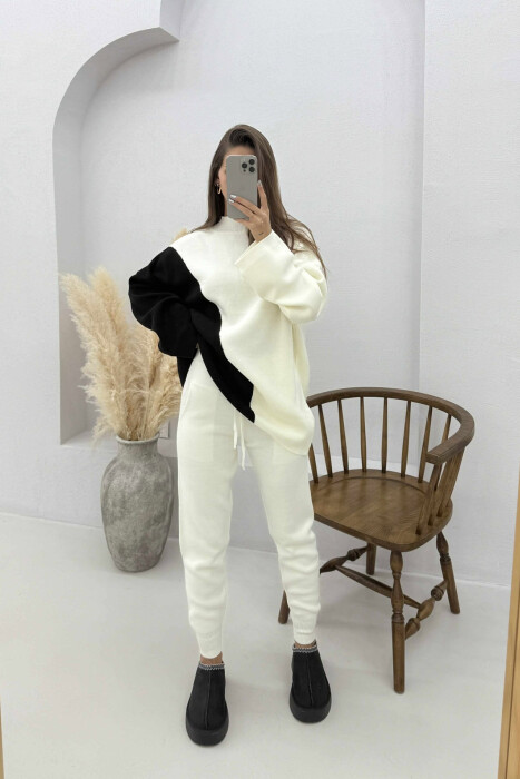 SEMI NECK SWEATER+TROUSERS KNIT WOMEN SET BLACK-WHITE/ZEBA - 2