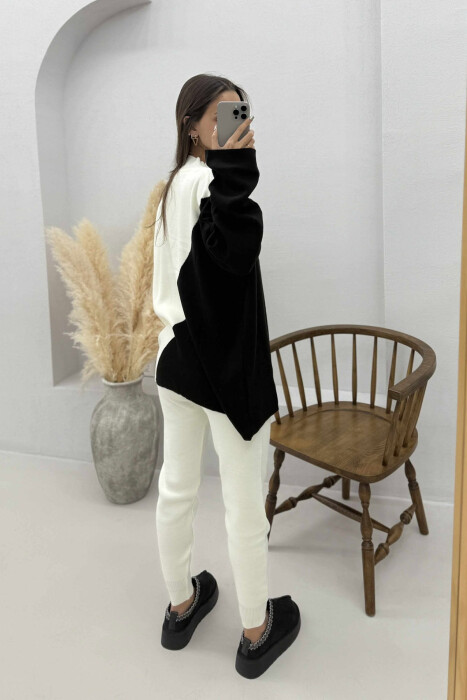 SEMI NECK SWEATER+TROUSERS KNIT WOMEN SET BLACK-WHITE/ZEBA - 4