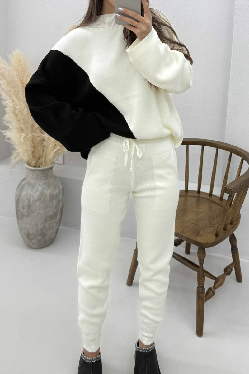 SEMI NECK SWEATER+TROUSERS KNIT WOMEN SET BLACK-WHITE/ZEBA - 5