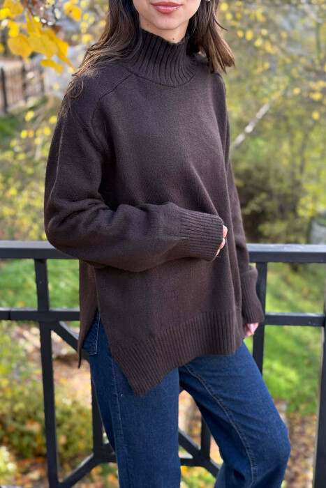 HIGH NECK SIMPLE WOMEN SWEATER CHOCOLATE/COKOLLATE - 3