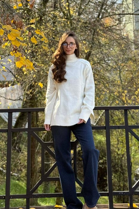 HIGH NECK SIMPLE WOMEN SWEATER CREAM/KREM - KLAUDIO FASHION