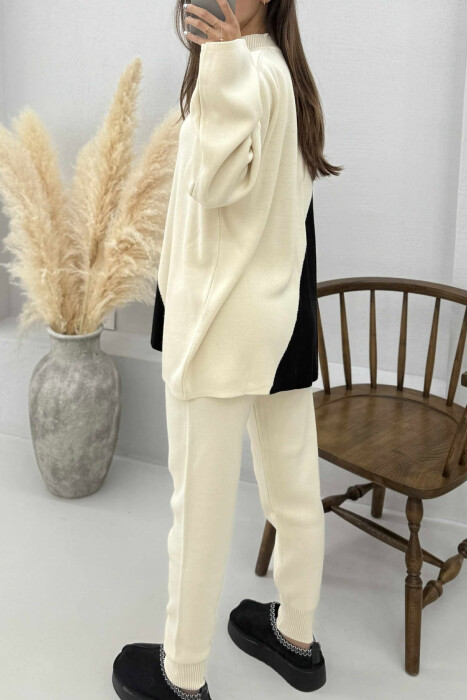 SEMI NECK SWEATER+TROUSERS KNIT WOMEN SET CREAM+BLACK/KREM+ZEZE - 4