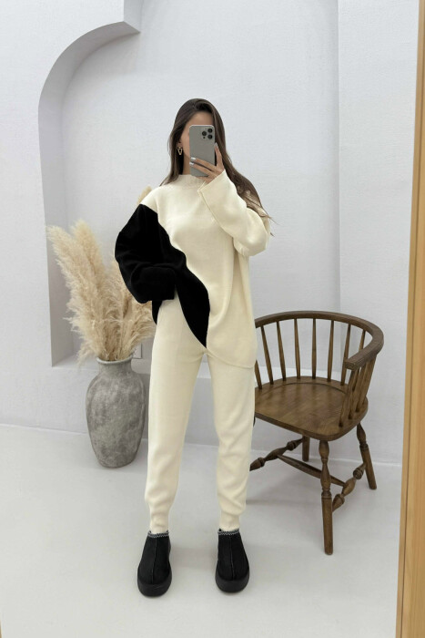 SEMI NECK SWEATER+TROUSERS KNIT WOMEN SET CREAM+BLACK/KREM+ZEZE - 2