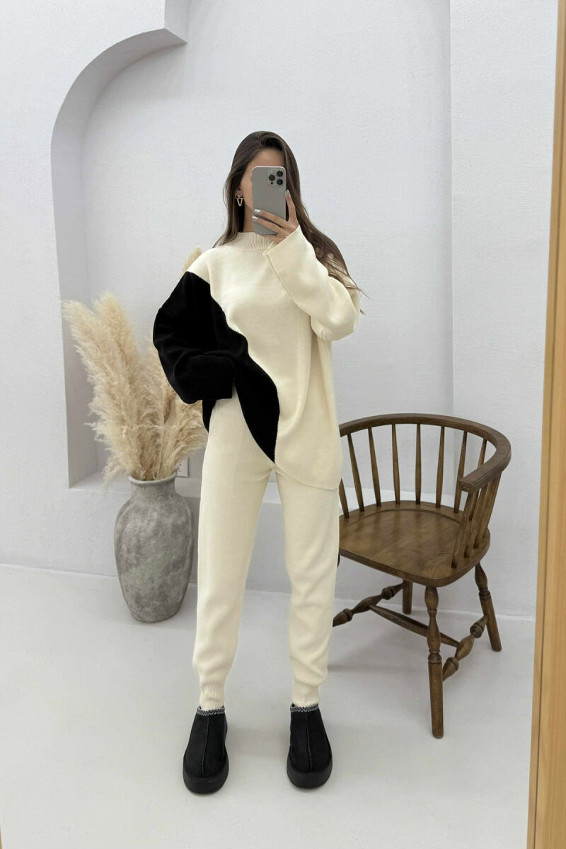 SEMI NECK SWEATER+TROUSERS KNIT WOMEN SET CREAM+BLACK/KREM+ZEZE - 2