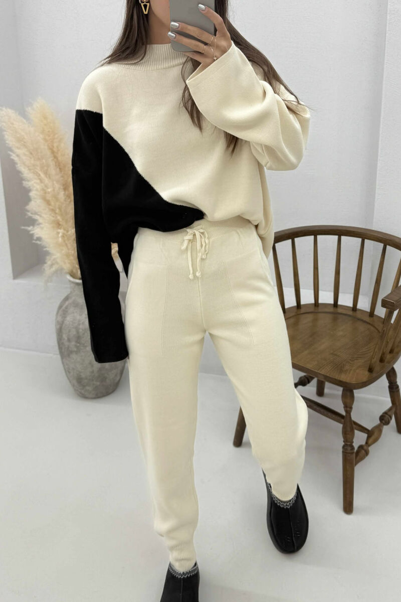 SEMI NECK SWEATER+TROUSERS KNIT WOMEN SET CREAM+BLACK/KREM+ZEZE - 5