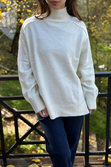 HIGH NECK SIMPLE WOMEN SWEATER CREAM/KREM - 3
