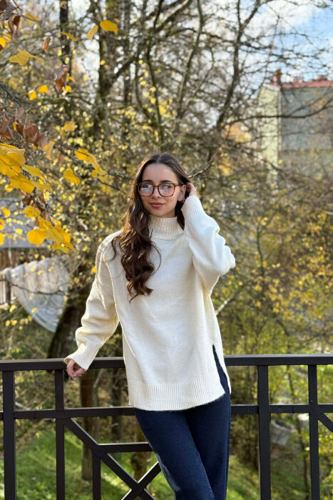 HIGH NECK SIMPLE WOMEN SWEATER CREAM/KREM - 4
