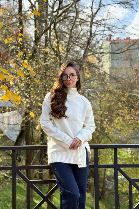 HIGH NECK SIMPLE WOMEN SWEATER CREAM/KREM - 5