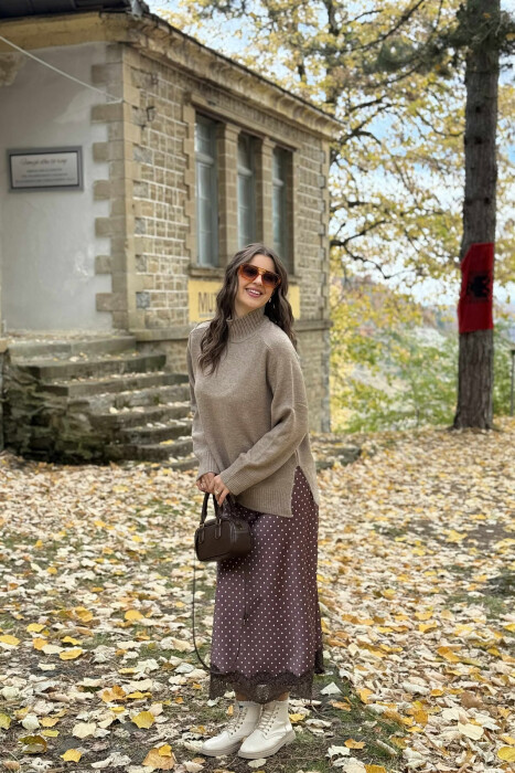 HIGH NECK SIMPLE WOMEN SWEATER DARK BEIGE/BEZHE ERRET - 2