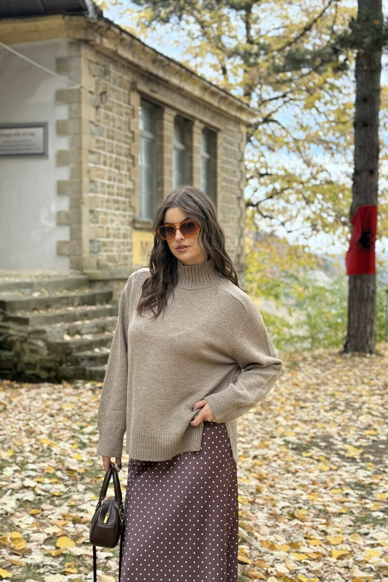 HIGH NECK SIMPLE WOMEN SWEATER DARK BEIGE/BEZHE ERRET - 1