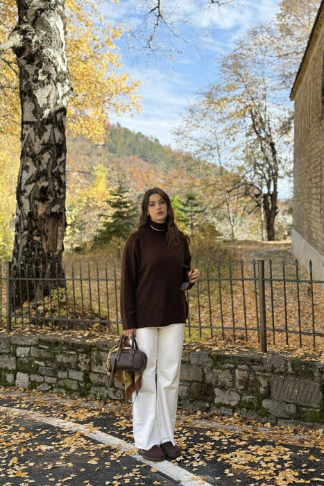 HIGH NECK SIMPLE WOMEN SWEATER DARK BROWN/KAE - 1