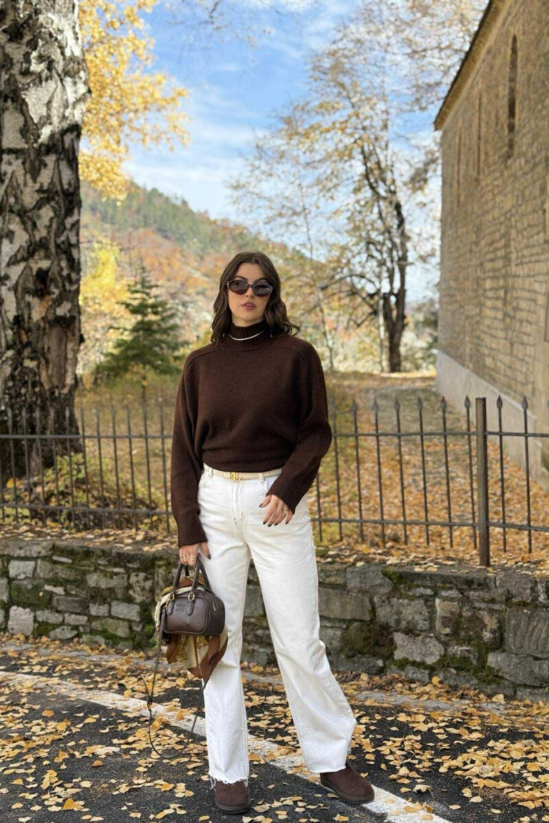 HIGH NECK SIMPLE WOMEN SWEATER DARK BROWN/KAE - 2