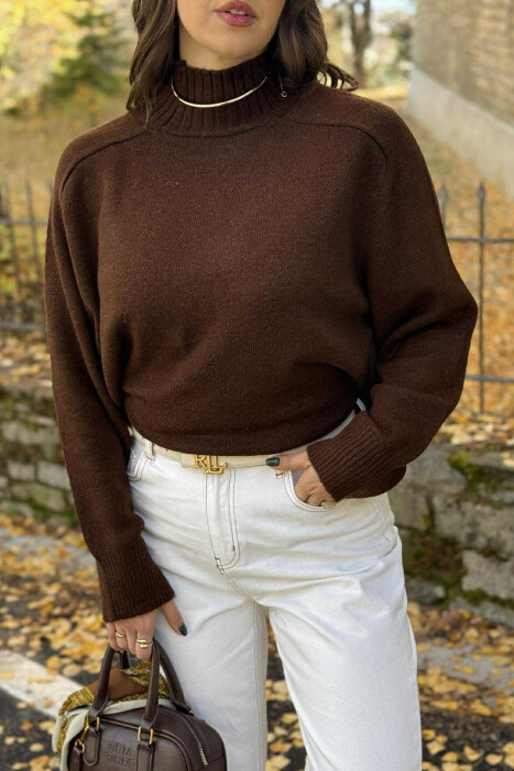 HIGH NECK SIMPLE WOMEN SWEATER DARK BROWN/KAE - 5