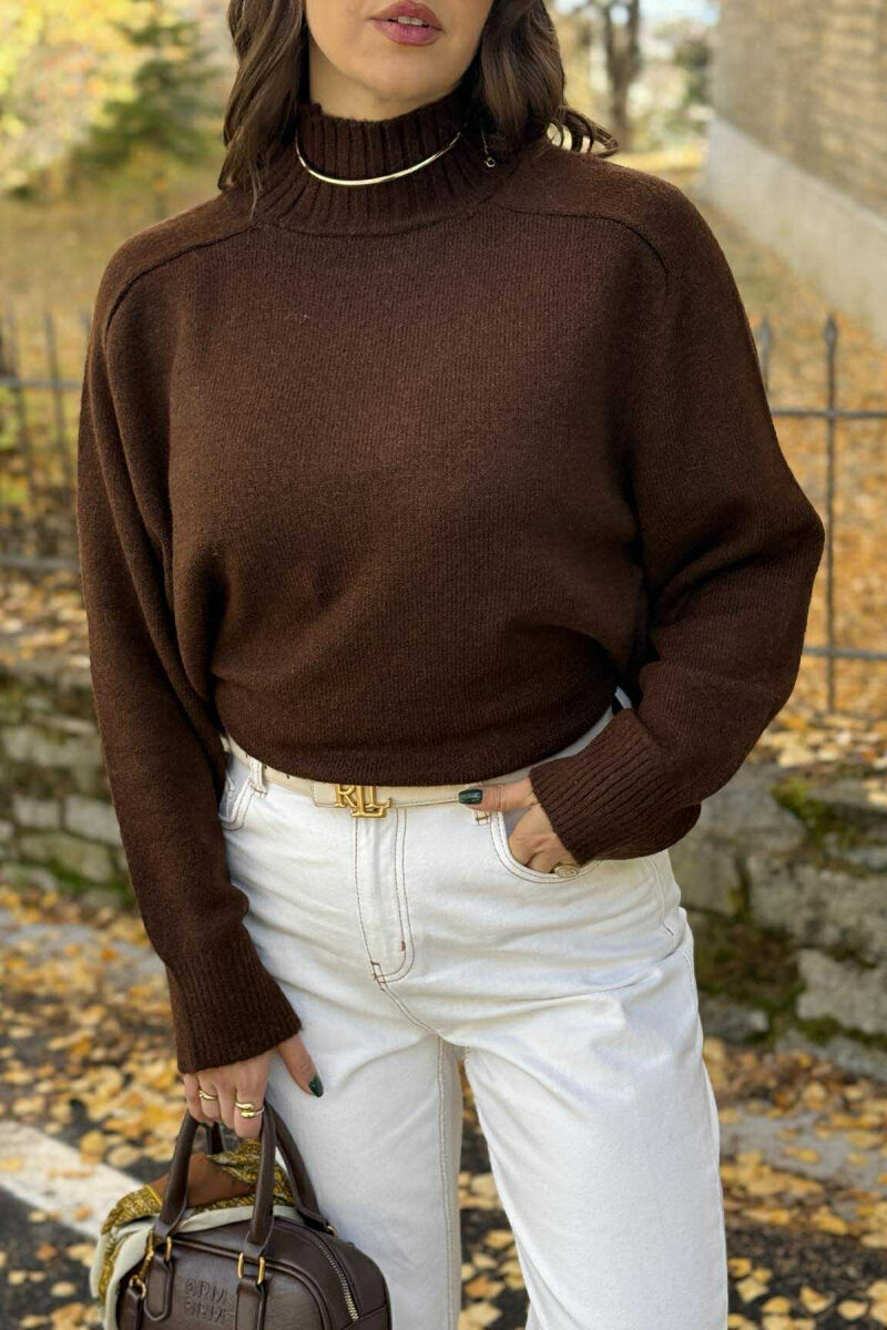 HIGH NECK SIMPLE WOMEN SWEATER DARK BROWN/KAE - 5