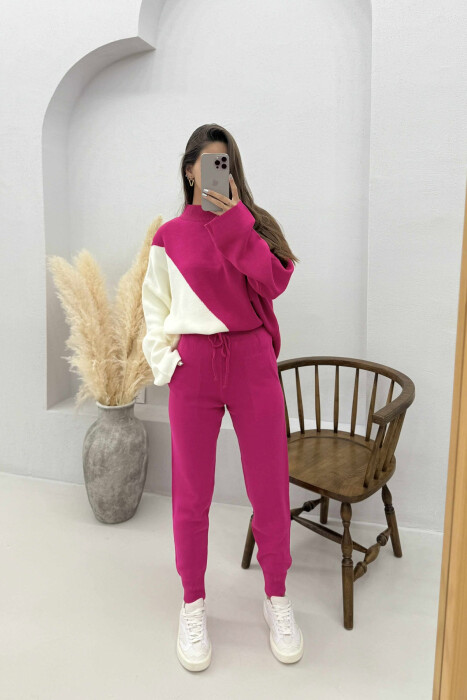 SEMI NECK SWEATER+TROUSERS KNIT WOMEN SET FUCHSIA-WHITE/CIK-BA - 2