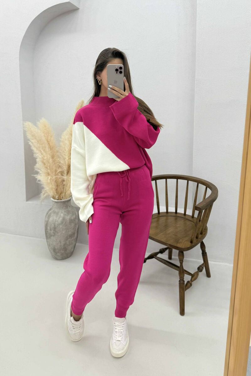 SEMI NECK SWEATER+TROUSERS KNIT WOMEN SET FUCHSIA-WHITE/CIK-BA - 1