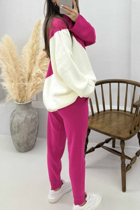 SEMI NECK SWEATER+TROUSERS KNIT WOMEN SET FUCHSIA-WHITE/CIK-BA - 4