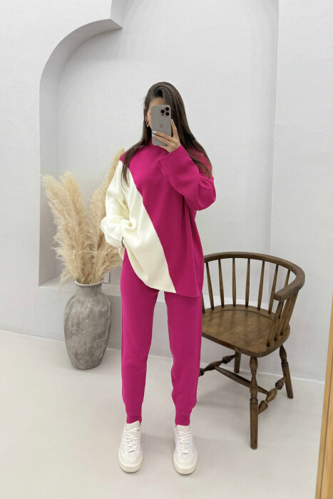 SEMI NECK SWEATER+TROUSERS KNIT WOMEN SET FUCHSIA-WHITE/CIK-BA - 3
