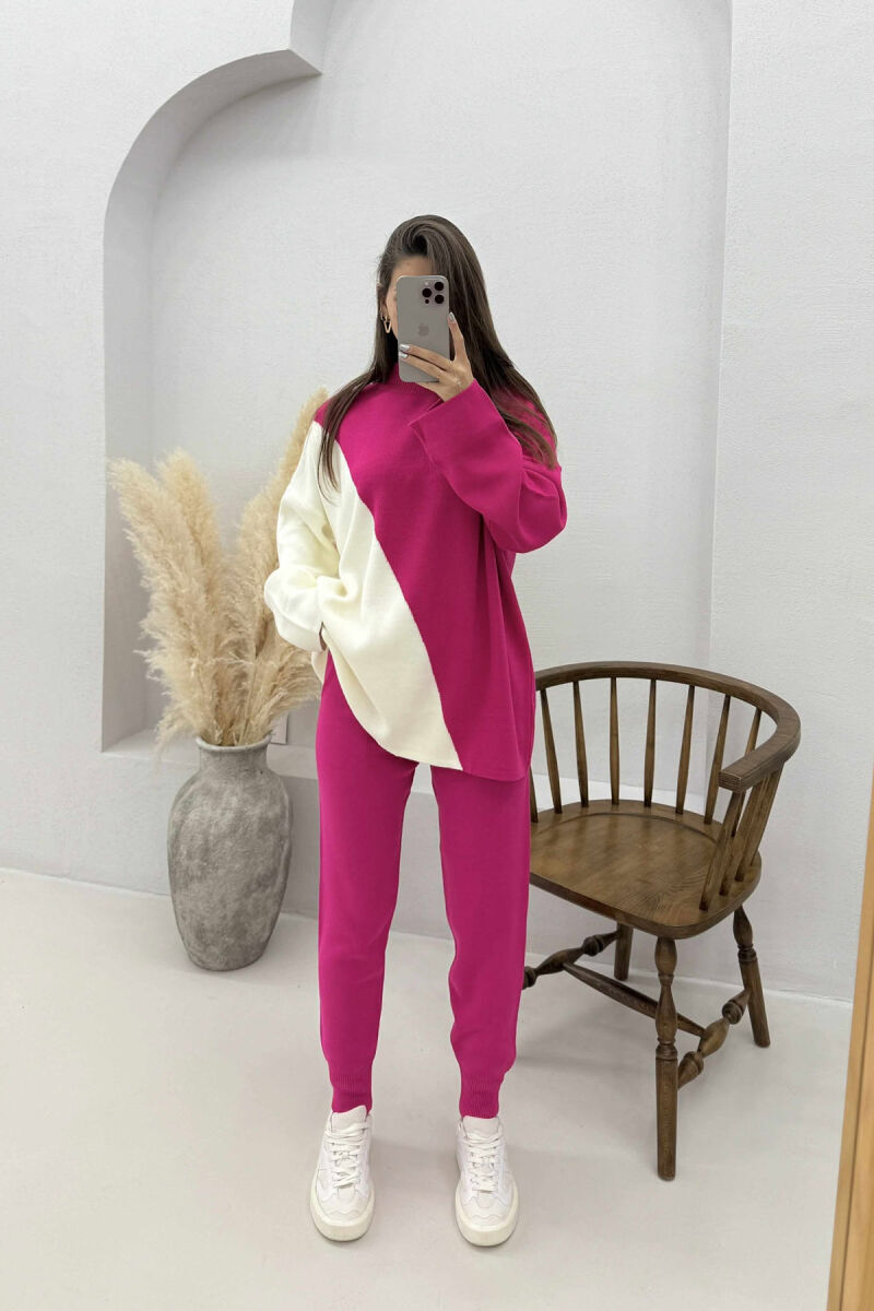 SEMI NECK SWEATER+TROUSERS KNIT WOMEN SET FUCHSIA-WHITE/CIK-BA - 3