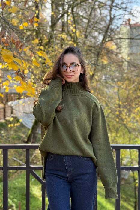 HIGH NECK SIMPLE WOMEN SWEATER GREEN/JESHILE - 1