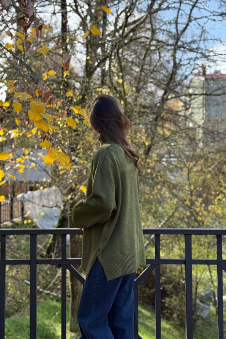 HIGH NECK SIMPLE WOMEN SWEATER GREEN/JESHILE - 2