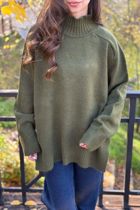 HIGH NECK SIMPLE WOMEN SWEATER GREEN/JESHILE - 3