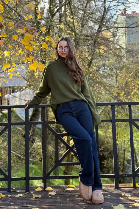 HIGH NECK SIMPLE WOMEN SWEATER GREEN/JESHILE - 4