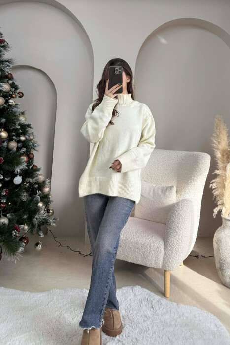 HIGH NECK SIMPLE WOMEN SWEATER LIGHT BEIGE/BZHZB 