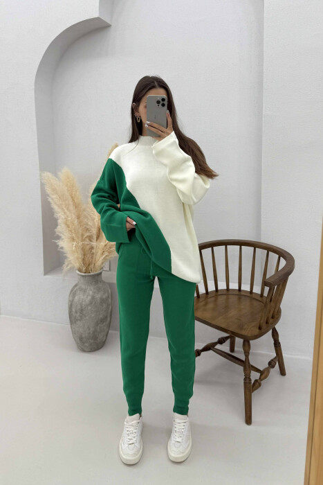 SEMI NECK SWEATER+TROUSERS KNIT WOMEN SET WHITE/GREEN-BAJE - 