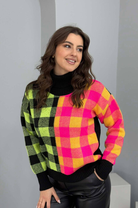 HIGH NECK SQUARE DESIGN WOMEN SWEATER BLACK/ E ZEZE 