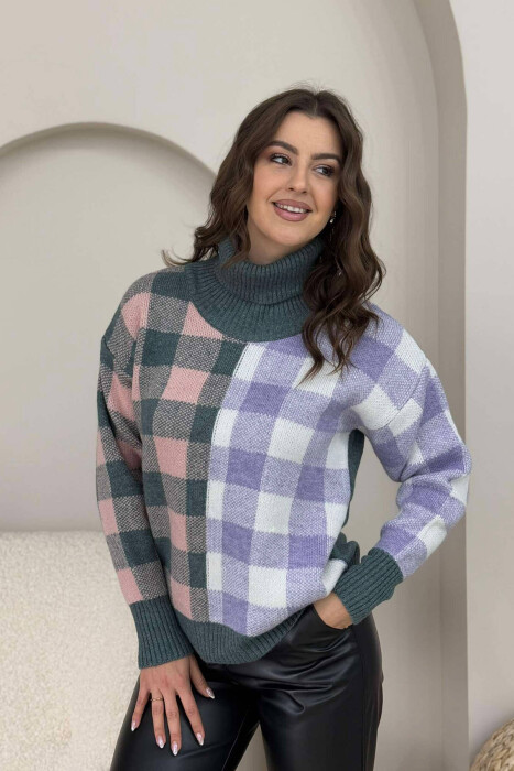 HIGH NECK SQUARE DESIGN WOMEN SWEATER BLUE STONE/GK 