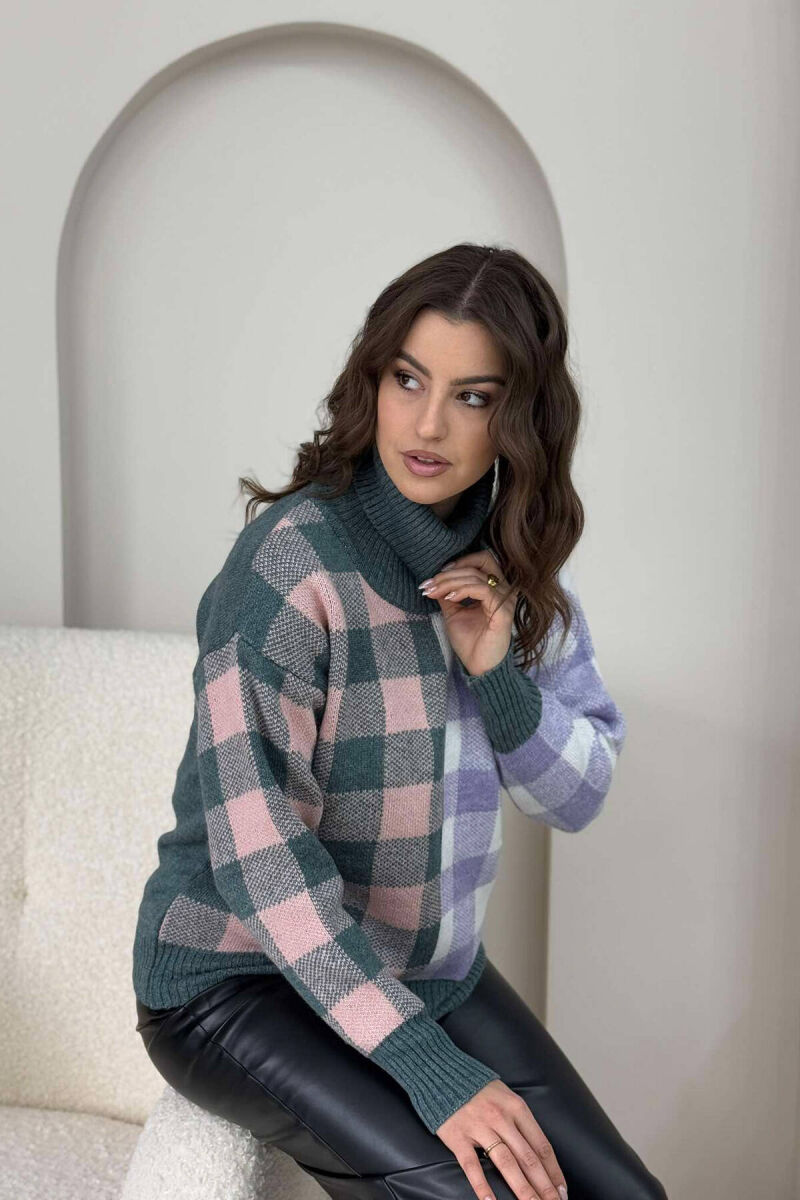 HIGH NECK SQUARE DESIGN WOMEN SWEATER BLUE STONE/GK - 2