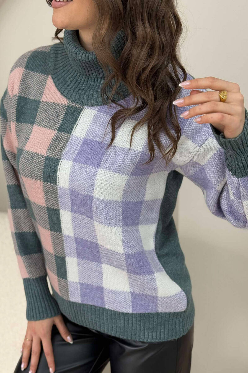 HIGH NECK SQUARE DESIGN WOMEN SWEATER BLUE STONE/GK - 4