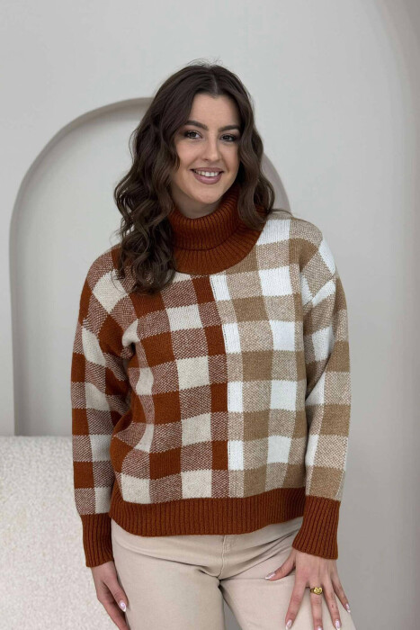 HIGH NECK SQUARE DESIGN WOMEN SWEATER BROWN/KAFE 