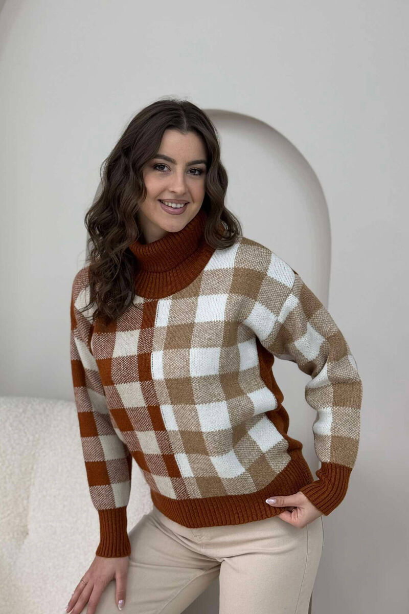 HIGH NECK SQUARE DESIGN WOMEN SWEATER BROWN/KAFE - 2