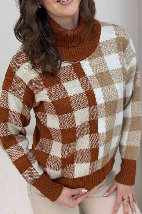 HIGH NECK SQUARE DESIGN WOMEN SWEATER BROWN/KAFE - 3