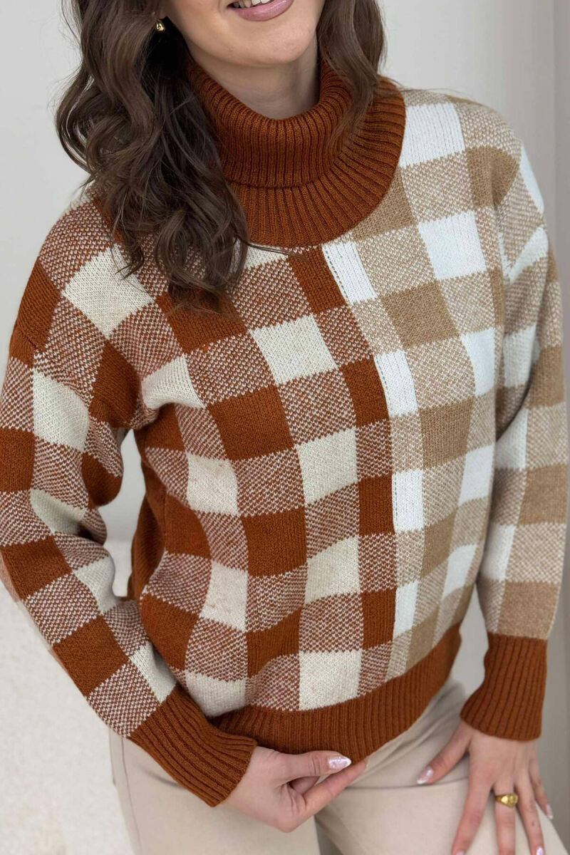 HIGH NECK SQUARE DESIGN WOMEN SWEATER BROWN/KAFE - 3