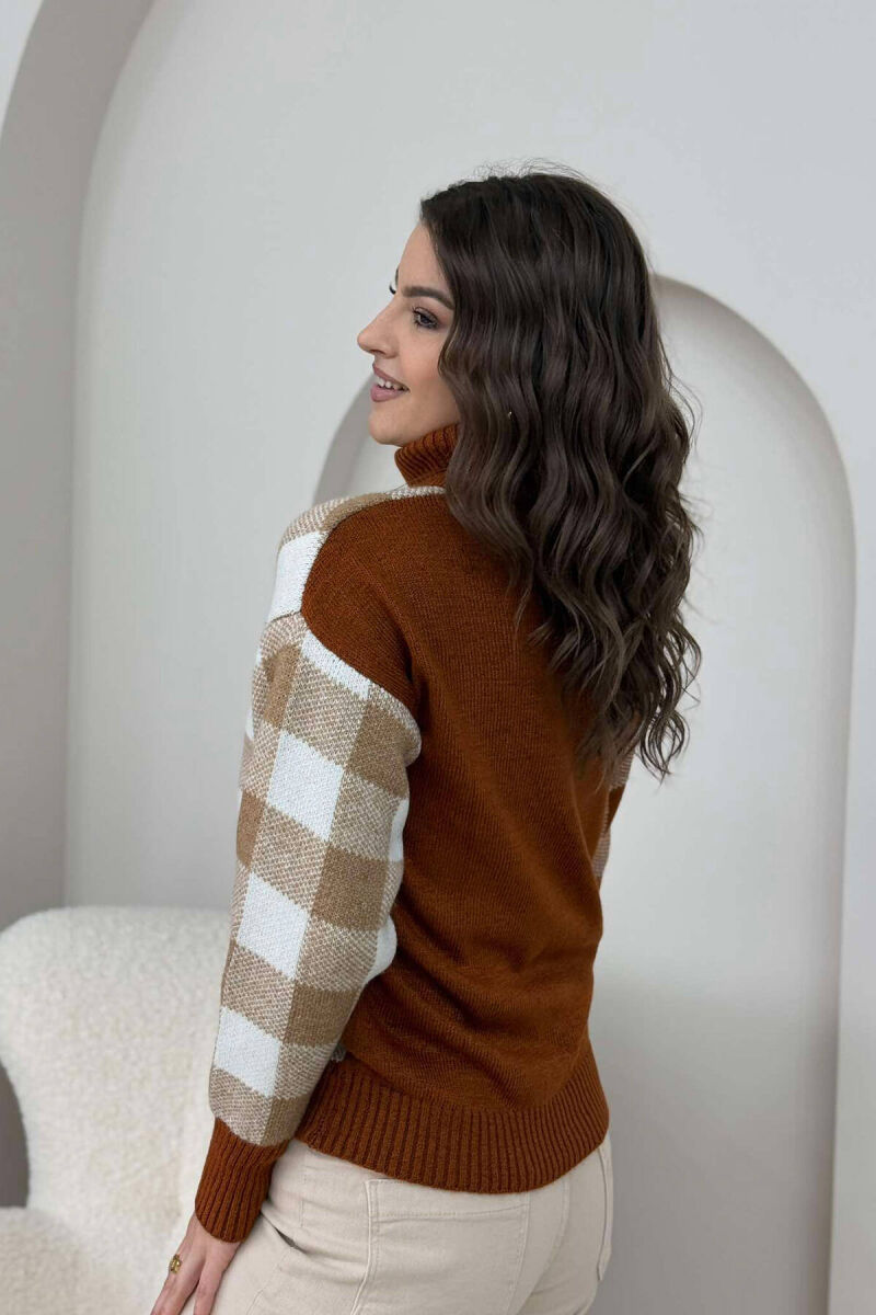HIGH NECK SQUARE DESIGN WOMEN SWEATER BROWN/KAFE - 4